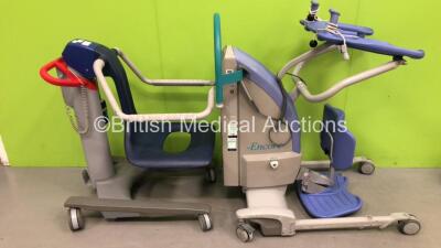 1 x Arjo Alenti Adjustable Bath and Shower Chair with Controller (Untested Due to Missing Battery) 1 x Arjo Encore Hoist Standing Frame with Controller (Untested Due to Missing Battery)