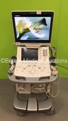 Toshiba Aplio 500 TUS-A500 Flat Screen Ultrasound Scanner Software Version AB_V2.10*R003 *Mfd 01-2013* with 4 x Transducer /Probes (1 x PLT-704SBT Transducer *Mfd 2009*, 1 x PLT-805AT Transducer *Mfd Nov 2012*, 1 x PVT-375BT Transducer *Mfd Nov 2012* and 