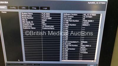 Toshiba Aplio 500 TUS-A500 Flat Screen Ultrasound Scanner Software Version AB_V2.10*R003 *Mfd 01-2013* with 4 x Transducer /Probes (1 x PLT-704SBT Transducer *Mfd 2009*, 1 x PLT-805AT Transducer *Mfd Nov 2012*, 1 x PVT-375BT Transducer *Mfd Nov 2012* and - 5