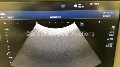 Toshiba Aplio 500 TUS-A500 Flat Screen Ultrasound Scanner Software Version AB_V2.10*R003 *Mfd 01-2013* with 4 x Transducer /Probes (1 x PLT-704SBT Transducer *Mfd 2009*, 1 x PLT-805AT Transducer *Mfd Nov 2012*, 1 x PVT-375BT Transducer *Mfd Nov 2012* and - 10