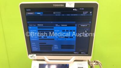 Toshiba Aplio 500 TUS-A500 Flat Screen Ultrasound Scanner Software Version AB_V2.10*R003 *Mfd 01-2013* with 4 x Transducer /Probes (1 x PLT-704SBT Transducer *Mfd 2009*, 1 x PLT-805AT Transducer *Mfd Nov 2012*, 1 x PVT-375BT Transducer *Mfd Nov 2012* and - 16