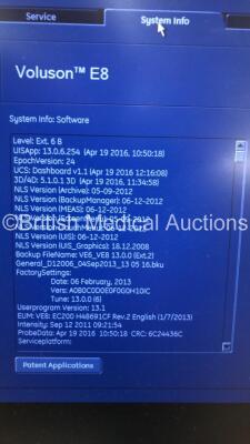 GE Voluson E8 Flat Screen Ultrasound Scanner Software Version EC200 *Mfd 11/2013* (Powers Up with Missing Dial-See Photo) with 1 x Transducer/Probe (C4-8-D * Mfd Oct 2013* with Cable Damage) 1 x Sony DVO 100MD DVD Recorder And 1 x Sony UP-897 Digital Grap - 8