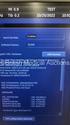 GE Voluson E8 Flat Screen Ultrasound Scanner Software Version EC200 *Mfd 11/2013* (Powers Up with Missing Dial-See Photo) with 1 x Transducer/Probe (C4-8-D * Mfd Oct 2013* with Cable Damage) 1 x Sony DVO 100MD DVD Recorder And 1 x Sony UP-897 Digital Grap - 9