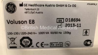 GE Voluson E8 Flat Screen Ultrasound Scanner Software Version EC200 *Mfd 11/2013* (Powers Up with Missing Dial-See Photo) with 1 x Transducer/Probe (C4-8-D * Mfd Oct 2013* with Cable Damage) 1 x Sony DVO 100MD DVD Recorder And 1 x Sony UP-897 Digital Grap - 11