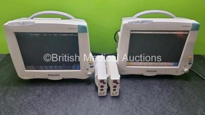 Job Lot Including 2 x Philips IntelliVue MP50 Patient Monitors (Both Power Up, Cracks in Casing and Clip for Module Snapped - See Photos), 2 x Philips M3001A Multiparameter Modules with Press, Temp, NBP, SpO2 and ECG/Resp Options and 1 x IntelliVue X2 Han