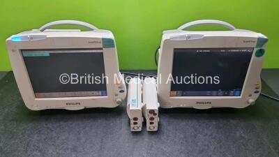 Job Lot 2 x Philips IntelliVue MP50 Neonatal Patient Monitors (Both Power Up Damage to Casing and Module Clip - See Photos, Small Scratches On Screen) 2 x Philips M3001A Multiparameter Modules with Press, Temp, NBP, SpO2 and ECG/Resp Options and 1 x Intel