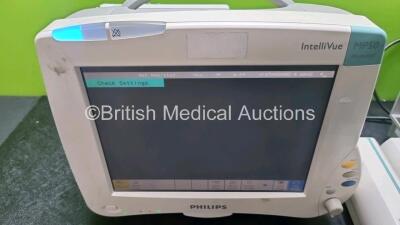 Job Lot 2 x Philips IntelliVue MP50 Neonatal Patient Monitors (Both Power Up Damage to Casing and Module Clip - See Photos, Small Scratches On Screen) 2 x Philips M3001A Multiparameter Modules with Press, Temp, NBP, SpO2 and ECG/Resp Options and 1 x Intel - 2