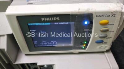 Job Lot 2 x Philips IntelliVue MP50 Neonatal Patient Monitors (Both Power Up Damage to Casing and Module Clip - See Photos, Small Scratches On Screen) 2 x Philips M3001A Multiparameter Modules with Press, Temp, NBP, SpO2 and ECG/Resp Options and 1 x Intel - 8