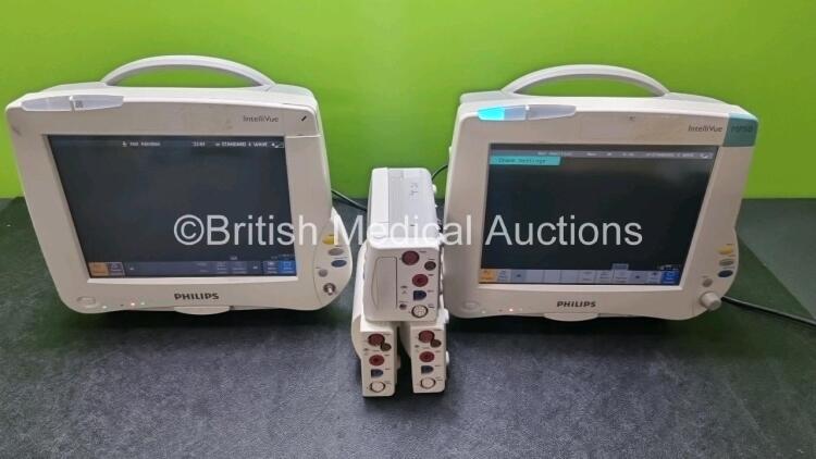 Job Lot 2 x Philips IntelliVue MP50 Neonatal Patient Monitors (Both Power Up Damage to Module Clip - See Photos) 2 x Philips M3001A Multiparameter Modules with Press, Temp, NBP, SpO2 and ECG/Resp Options and 1 x IntelliVue X2 Handheld Patient Monitor with