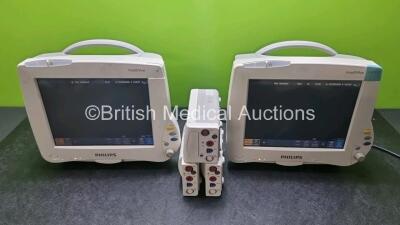 Job Lot 2 x Philips IntelliVue MP50 Neonatal Patient Monitors with 1 x Temp Module (Both Power Up Slight Damage to Casing, Scratches on Screen - See Photos) 2 x Philips M3001A Multiparameter Modules Including with Press, Temp, NBP, SpO2 and ECG/Resp Optio