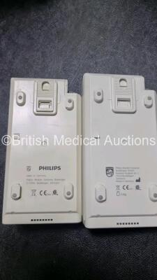 Job Lot 2 x Philips IntelliVue MP50 Neonatal Patient Monitors with 1 x Temp Module (Both Power Up Slight Damage to Casing, Scratches on Screen - See Photos) 2 x Philips M3001A Multiparameter Modules Including with Press, Temp, NBP, SpO2 and ECG/Resp Optio - 6