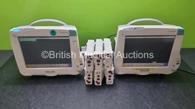 Job Lot 2 x Philips IntelliVue MP50 Patient Monitors (Both Power Up, Damage to Casing and Module Clip. Scratches on Screen - See Photos) 2 x Philips M3001A Multiparameter Modules with Press, Temp, NBP, SpO2 and ECG/Resp Options 1 x Multiparameter Module w