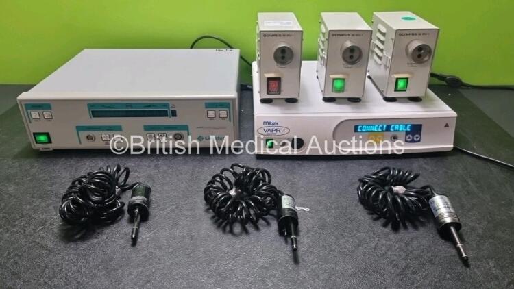 Mixed Lot Including 1 x 1 x Mitek VAPR II Electrosurgical Unit (Powers Up) 1 x Linvatec APEX Universal Drive Console, and 3 x Olympus MU-1 Leakage Tester Maintenance Units with 3 x Leakage Tester Cables (All Power Up)