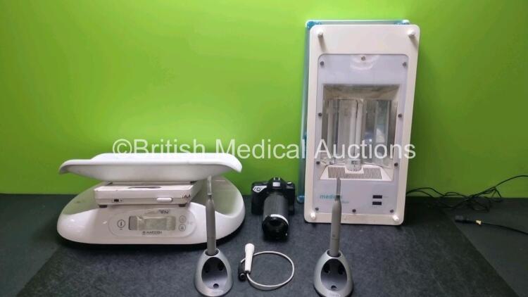 Mixed Lot Including 2 x Satelec Acteon Curing Lights (Both Power Up) 1 x Medela Bilibed Baby Warmer (Powers Up) 1 x Marsden Baby Weighing Scales, 1 x Seca Model 834 Baby Weighing Scales and 1 x Yashica Dental Eye II Camera