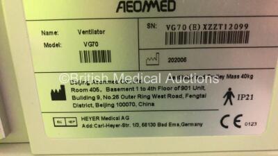 Aeonmed VG70 Ventilator Software Version 2.00, Running Hours 0h 11m with 1 x Hose on Stand *Mfd 06-2020* (Powers Up) - 4
