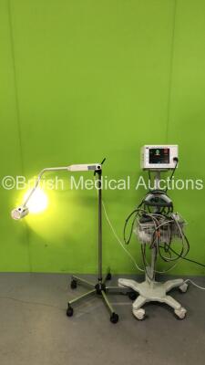 1 x IVY Cardiac Trigger Monitor 3150 with Various Leads on Stand and 1 x Brandon Examination Lamp on Stand (Both Power Up)