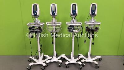 4 x Welch Allyn Spot Vital Signs Monitors on Stands with 4 x AC Power Supplies (All Power Up 3 with Damage-See Photos)