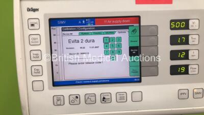 Drager Evita 2 Dura Ventilator on Stand Software Version 04.22 - Running Hours 23977 with Hose (Powers Up) *S/N ARSA-0160* **Mfd 2001** - 2