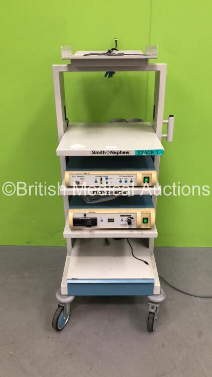 Smith and Nephew Stack Trolley with Smith and Nephew Dyonics ED-3 Enhanced Digital 3-Chip Camera Control Unit and Smith and Nephew Dyonics Xenon Light Source (Powers Up)