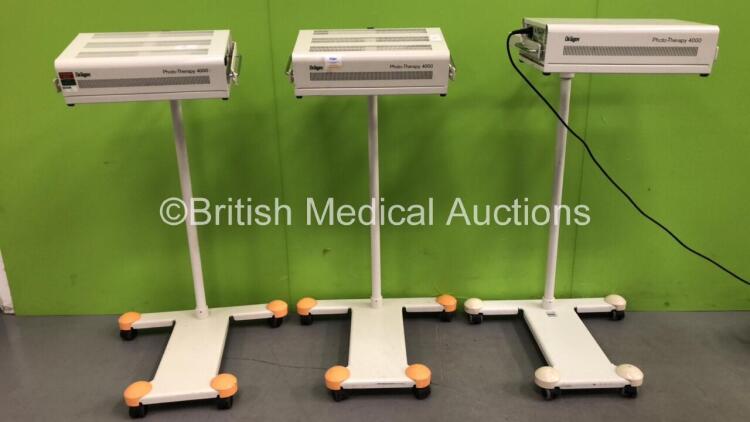 3 x Drager Phototherapy 4000 UV Lamps on Stands (All Power Up) *SN ASFH0048, ARMK0052, ARLD0010*