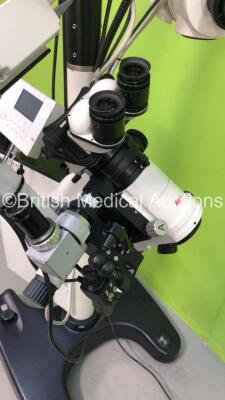 Leica M500-N Dual Operated Surgical Microscope Version 1.84 with 1 x Leica Binoculars, 2 x 10x/21 Eyepieces (Some Damage) Zeiss f=137 Camera Adaptor on Leica MC1 Stand (Powers Up with Good Bulb) - 7