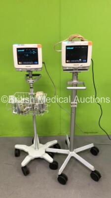 2 x Philips IntelliVue MP5 Patient Monitors on Stands with 2 x ECG Leads (Both Power Up - Photos for Options) *DE21063865 / DE21051759*