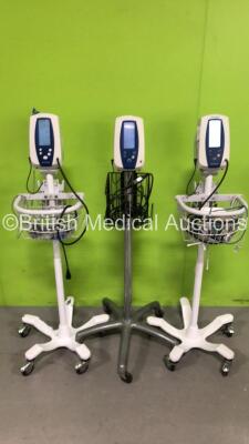 3 x Welch Allyn Spot Vital Signs Monitors on Stands with 3 x AC Power Supplies and Various Leads (All Power Up) *na*