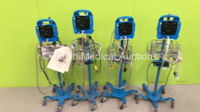 4 x GE ProCare Dinamap Monitors on Stands with Various Leads (All Power Up) *AAW06490382SA / AAW08180223SA*