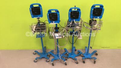 4 x GE ProCare Dinamap Monitors on Stands (Including 1 x Auscultatory 300) with Various Leads (All Power Up) *AAW07310056SA / na*