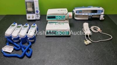 Mixed Lot Including 3 x B.Braun Infusomat Space Infusion Pumps with 1 x Power Supply (All Power Up) 1 x Alaris Guardrails Carefusion CC Syringe Pump (Powers Up) 1 x Omron HEM-907 Digital Blood Pressure Monitor, 4 x Covidien Genius 3 Tympanic Thermometers 