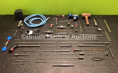 Job Lot Including Various Surgical Instruments, 1 x Light Source Cable (Damage to Casing - See Photos) 1 x deSoutter DX-600 Drill Attachment and 1 x Hall Ref L3000LG Battery (Untested - Damage to Casing - See Photos)