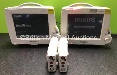 2 x Philips IntelliVue MP30 Patient Monitors (Both Power Up, 1 x Damage to Casing - See Photos) with 2 x Philips M3001A Modules Including Press, Temp, NBP, SpO2 and ECG/Resp Options (1 x Damage to Casing - See Photos)