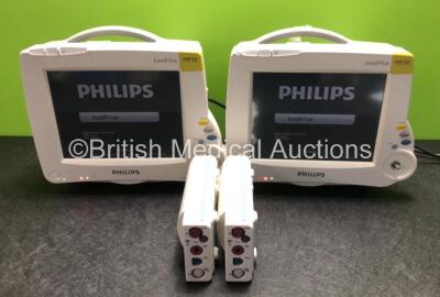 2 x Philips IntelliVue MP30 Patient Monitors (Both Power Up with Damage to Casing, 1 x Missing Dial - See Photos) with 2 x Philips M3001A Modules Including Press, Temp, NBP, SpO2 and ECG/Resp Options