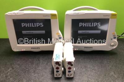 2 x Philips IntelliVue MP30 Patient Monitors (Both Power Up with Damage to Casing - See Photos) with 2 x Philips M3001A Modules Including Press, Temp, NBP, SpO2 and ECG/Resp Options (1 x Damage to Casing - See Photos)