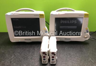 2 x Philips IntelliVue MP30 Patient Monitors (Both Power Up with Damage to Casing - See Photos) with 2 x Philips M3001A Modules Including Press, Temp, NBP, SpO2 and ECG/Resp Options (1 x Damage to Casing - See Photos)