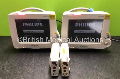 2 x Philips IntelliVue MP30 Patient Monitors (Both Power Up with Damage to Casing, 1 x Damage to Power Button - See Photos) with 2 x Philips M3001A Modules Including Press, Temp, NBP, SpO2 and ECG/Resp Options (1 x Damage to Casing - See Photos)