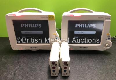 2 x Philips IntelliVue MP30 Patient Monitors (Both Power Up with Damage to Casing, 1 x Damage to Dial - See Photos) with 2 x Philips M3001A Modules Including Press, Temp, NBP, SpO2 and ECG/Resp Options (1 x Damage to Casing - See Photos)