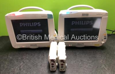 2 x Philips IntelliVue MP50 Patient Monitors (Both Power Up with Damage to Casing - See Photos) with 2 x Philips M3001A Modules Including Press, Temp, NBP, SpO2 and ECG/Resp Options