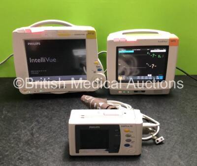 Job Lot Including 1 x Philips IntelliVue MP30 Patient Monitor (Powers Up) 1 x Philips IntelliVue MP5 Patient Monitor with ECG, SpO2 and NBP Options (Powers Up with Damage to Casing - See Photos) and 1 x Philips IntelliVue X2 Handheld Patient Monitor with 