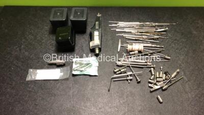 Job Lot of Assorted Surgical Instruments with 2 x Hall L3000LG Handpiece Batteries,1 x Stryker Handpiece Battery,1 x Stratec Medical Tuke Bone Saw and Mixed Handpiece Attachments