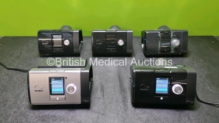 Job Lot Including 4 x ResMed AirSense 10 Elite Autoset CPAP Units (All Power Up All Units Missing Humidifier Chambers and 1 x Missing Casing - See Photos) and 1 x Resmed Lumis 100 VPAP ST-A Unit (Powers up, Missing Cover on Case and Humidifier Chamber -