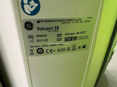 GE Voluson E8 BT17 Flat Screen Ultrasound Scanner *Mfd - 03/2017* Software Version - EC320 with 3 x Transducers / Probe (1 x C4-8-D *Mfd - 01/2017*, 1 x IC5-9-D *Mfd - 02/2021* and 1 x C1-5-D *Mfd - 02/2017*) and Sony UP-D998MD Digital Graphic Printer (Po - 17