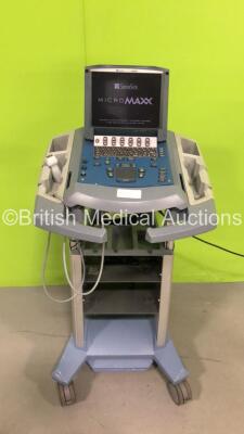 SonoSite Micromaxx REF P07071-15 Portable Flat Screen Ultrasound System *Mfd 05-2007* with 1 x Sonosite MicroMaxx P17/5-1 MHz REF PO6073-13 Transducer / Probe and 1 x AC Power Supply on SonoSite REF P06416-02 Mobile Cart (Powers Up with Missing Dial-See P