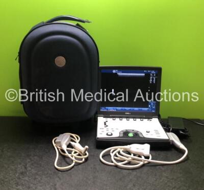 GE Logiq e Portable Ultrasound Scanner *Mfd - 28/12/2015* Software Version - R9.0.2 with 2 x Transducers / Probes (1 x L4-12t-RS *Mfd - 11/2015* and 1 x L8-18i-RS *Mfd - 12/2015*) and Power Supply in Case (Powers Up, Power Supply Cable Worn - See Photo) *