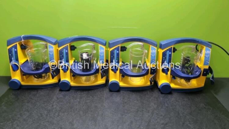 4 x Laerdal LSU Suction Units with 4 x Cups All with Missing Lids (All Power Up, 2 x with Damage to Casing - See Photos) *SN 78120440054 / 78100668687 / 78200441927 / 78120440090*