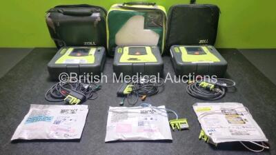 3 x Zoll AED PRO Defibrillators in Carry Cases (All Power Up 1 x with Scratching on Screen - See Photo) Including 3 x 3 Lead ECG Leads, 2 x Batteries and 30 x Electrode Packs *All out of Date Date 3 x in Photo*