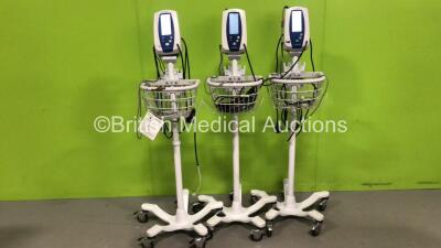 3 x Welch Allyn Spot Vital Signs Monitors on Stands with Power Supplies and SpO2 Leads (All Power Up)