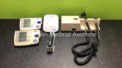 Mixed Lot Including 2 x Omron M5-I Digital BP Monitors (Both Missing Battery Casing - See Photos) 1 x Omron M6 Digital BP Monitor (Missing Battery Casing - See Photos) 1 x Braun Pro 4000 Thermometer and 1 x Welch Allyn 767 Series Transformer with 2 x Hand