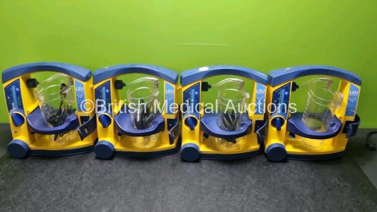 4 x Laerdal LSU Suction Units with 4 x Cups All with Missing Lids (All Power Up 1 x with Damage to Casing - See Photo) *SN 78120439944 / 78180896402 / 78331076575 / 785100968432*