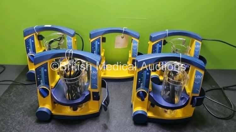 5 x Laerdal LSU Suction Units with 4 x Cups All with Missing Lids (All Power Up, 2 x Damage to Casing - See Photos) *SN 78151184105 / 78200897170 / 78130894712 / 78510968425 / 78331076559*